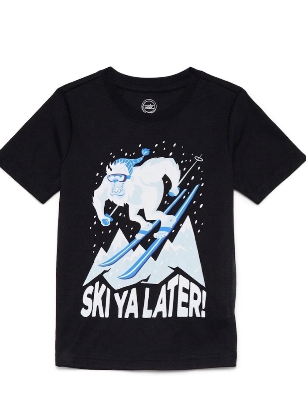 wonder nation Black Graphic Tee with White and Light Blue Skiing Yeti